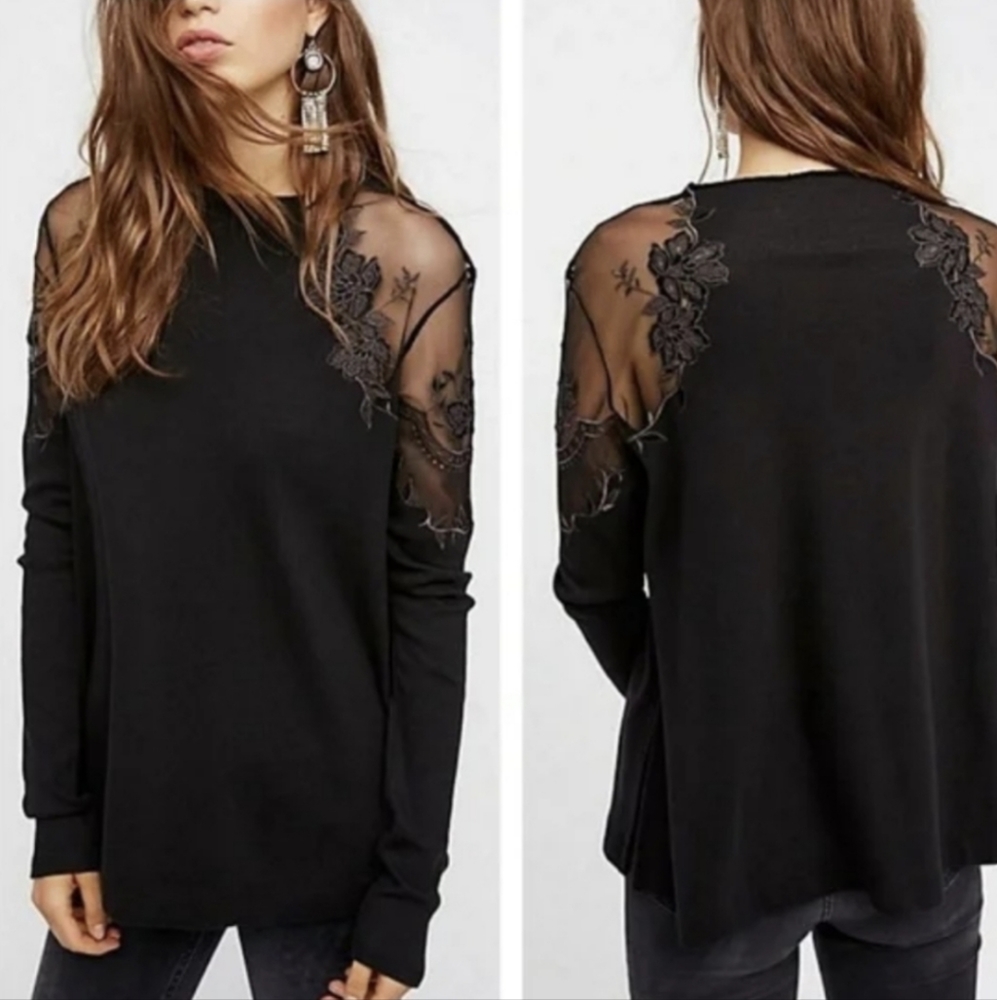 Free People Black Sheer Lace Top